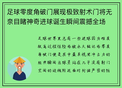 足球零度角破门展现极致射术门将无奈目睹神奇进球诞生瞬间震撼全场